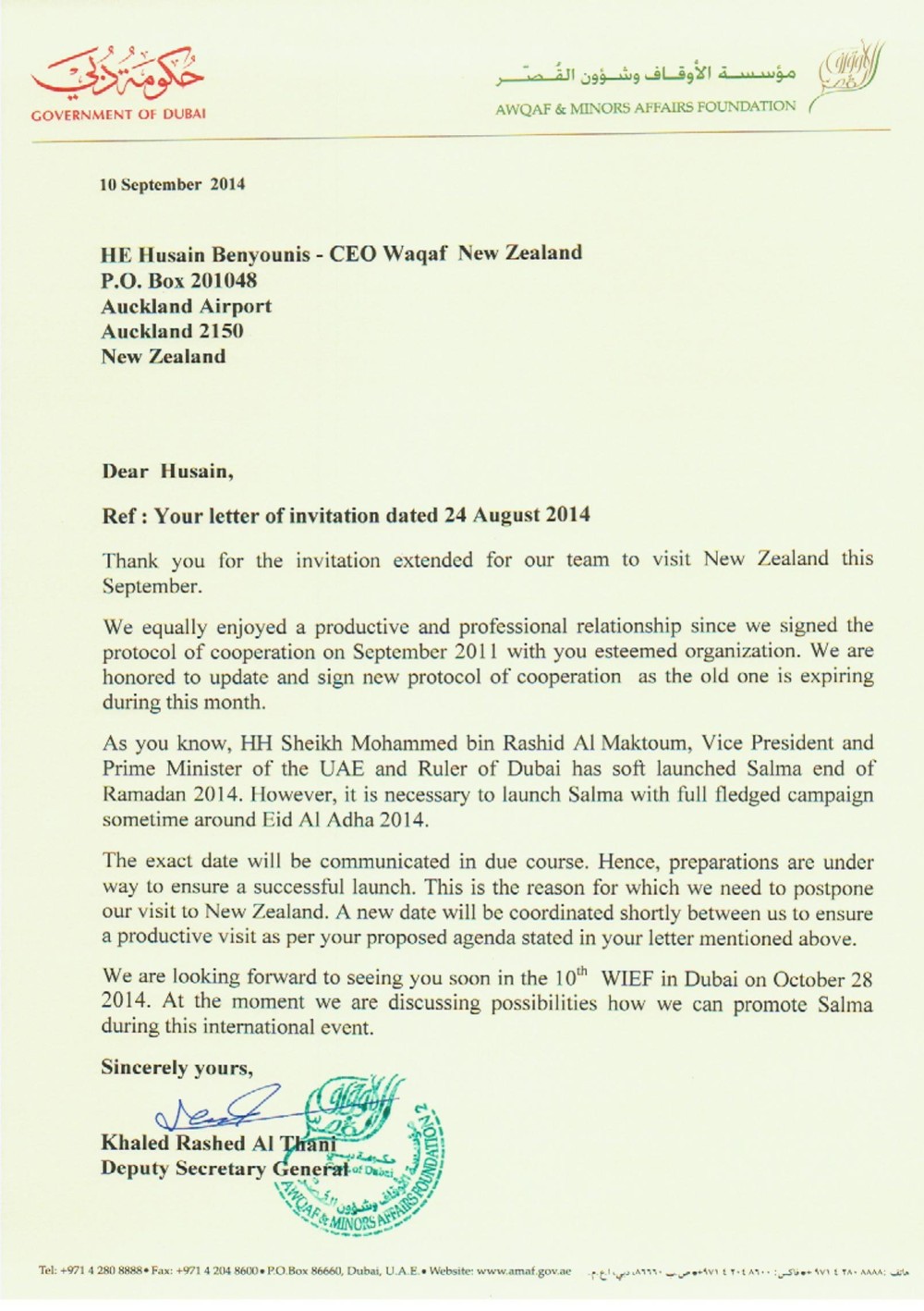 2014 letter from Dubai’s Awqaf & Minors Affairs Foundation to Awqaf New Zealand, signed by H.E. Khalid Rashed Al Thani