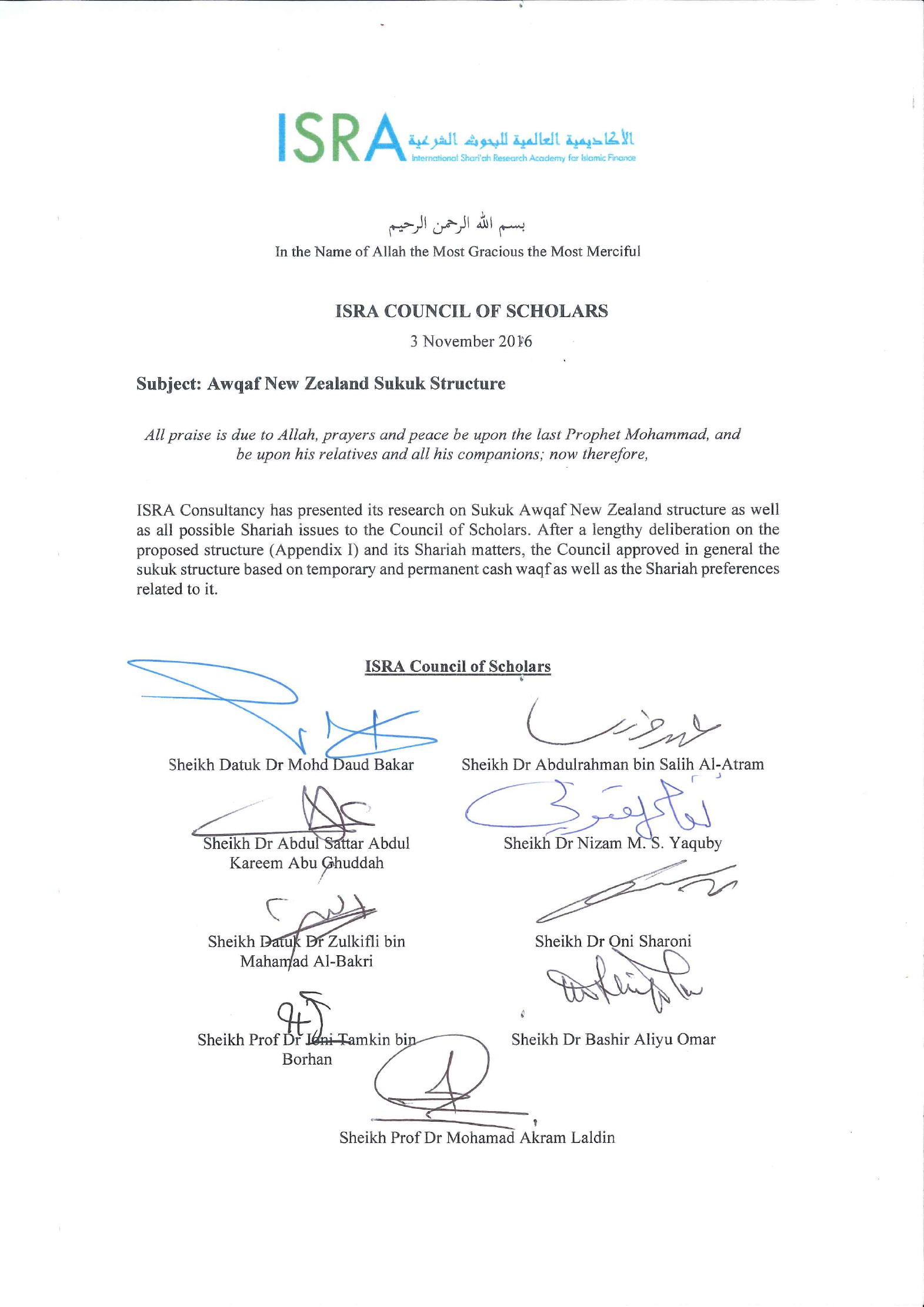 ISRA Council of Scholars approval letter for the Awqaf New Zealand cash-waqf sukuk structure, dated 3 November 2016, bearing nine scholarly signatures.